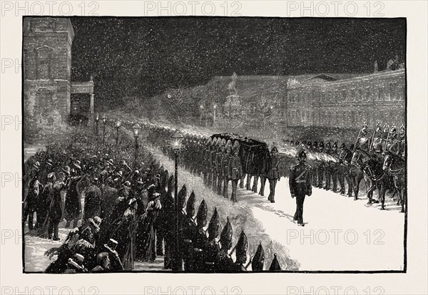 THE REMOVAL OF THE LATE EMPEROR'S BODY FROM THE PALACE TO THE CATHEDRAL, THE DEATH OF THE LATE EMPEROR WILLIAM, GERMANY, 1888 engraving