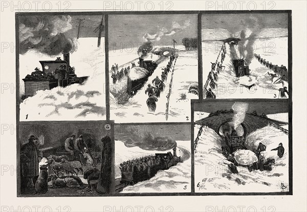 SNOW STORM IN THE NORTH OF ENGLAND, Snow-Plough Clearing the Drift after the Workmen have lightened it, uk, Great Britain, United Kingdom, 1888 engraving
