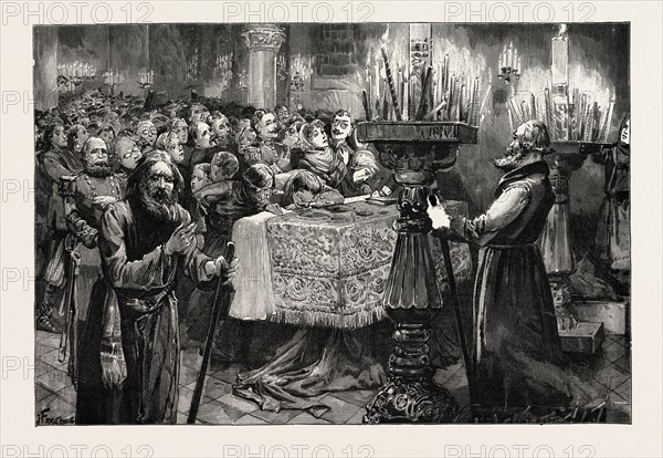 EASTER SERVICES IN SOUTH RUSSIA, KISSING THE BODY OF CHRIST, 1888 engraving