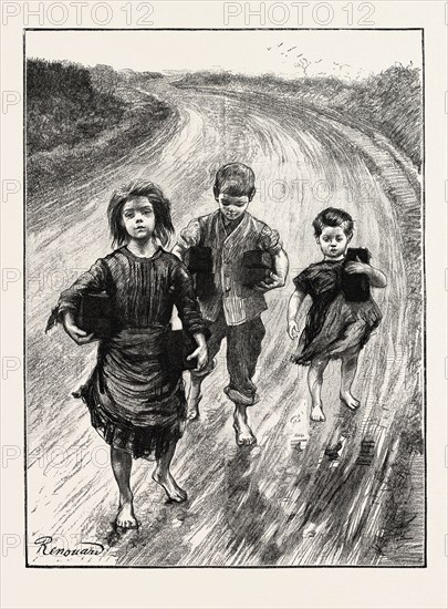 CHILDREN CARRYING TURF TO PAY THEIR SCHOOL FEES, IRELAND, 1888 engraving