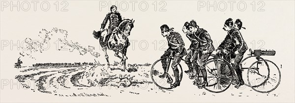 BRINGING UP THE GUNS, bicycle, bicycles, 1888 engraving