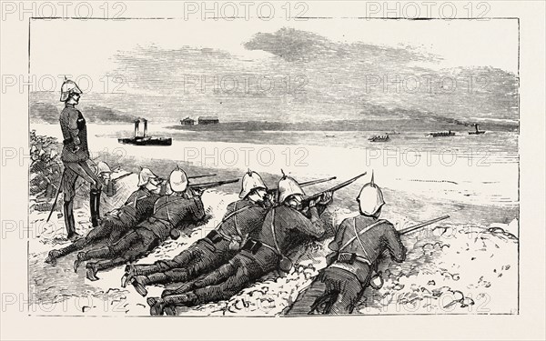 MANOEUVRES AT PORTSMOUTH, THE ATTACK ON HAYLING ISLAND FROM THE SEA, UK, britain, united kingdom, u.k., great britain, 1888 engraving