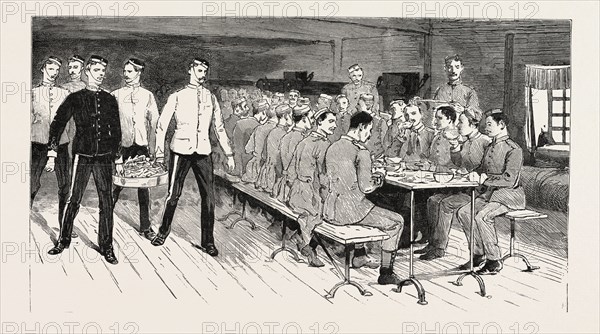 MANOEUVRES AT PORTSMOUTH, THE QUEEN'S WESTMINSTER RIFLE VOLUNTEERS AT DINNER IN EASTNEY BARRACKS, UK, britain, united kingdom, u.k., great britain, 1888 engraving