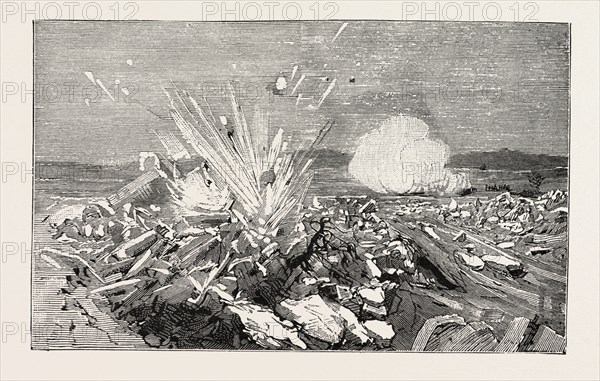 AUSTRIAN ARTILLERY DEMOLISHING BY CANNON SHOT A DAM OF ICE ON THE VISTULA AT NIEPOLOMICE, GALICIA, SPAIN, 1888 engraving