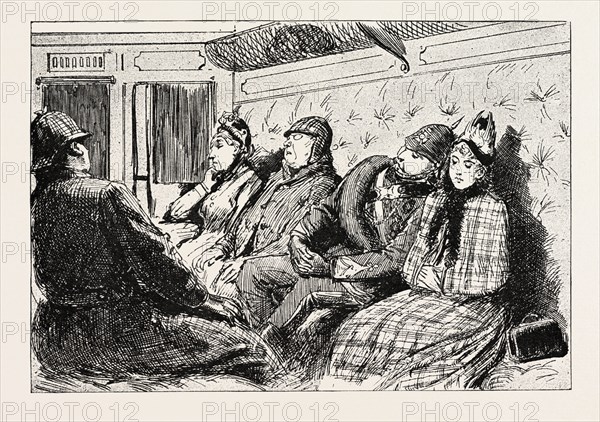 IN THE MAIL TRAIN FOR LONDON (FIRST STAGE OF THE JOURNEY), WHICH WAS STOPPED FOR OUR CONVENIENCE, I WAS FORTUNATE ENOUGH TO OBTAIN A SHORT NAP, 1888 engraving
