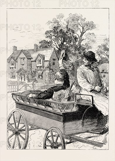 FOR MY HOST SPEEDILY DEVISED THE PLAN OF FORWARDING ME TO THE RAILWAY STATION IN A FARM WAGGON, AND I WAS RELUCTANTLY COMPELLED TO BID THE HOSPITABLE HOMESTEAD FAREWELL, 1888 engraving