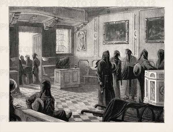 THE QUEEN AT FLORENCE, ITALY, THE CHAPEL OF THE MISERICORDIA BROTHERS OF MERCY ASSEMBLING FOR THEIR DUTIES, 1888 engraving