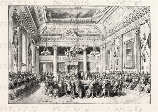 DUBLIN CASTLE, IRELAND, AN INVESTITURE OF THE ORDER OF ST. PATRICK IN ST. PATRICK'S HALL, 1888 engraving