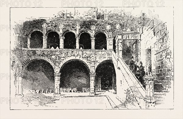 THE QUEEN VISITING THE BARGELLO PALACE, FLORENCE ITALY, 1888 engraving