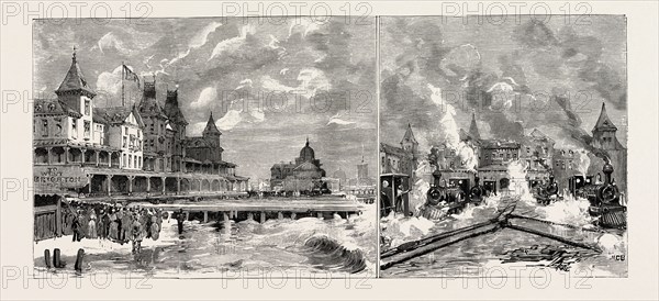 MOVING THE BRIGHTON BEACH HOTEL, CONEY ISLAND, NEW YORK, FRONT VIEW OF THE HOTEL, SHOWING THE POSITION FROM WHICH IT HAS BEEN MOVED BACK, VIEW OF THE HOTEL, WITH THE LOCOMOTIVES HAULING ON THE CABLES, US, USA, America, United States, 1888 engraving