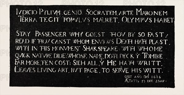 INSCRIPTION ON THE MEMORIAL TABLET TO SHAKESPEARE, HOLY TRINITY CHURCH, STRATFORD-ON-AVON, 1888 engraving
