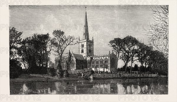 HOLY TRINITY CHURCH, IN HERE SHAKESPEARE IS BURIED From the River Avon, UK, britain, united kingdom, u.k., great britain, STRATFORD-ON-AVON, 1888 engraving