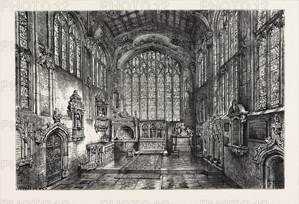 CHANCEL OF HOLY TRINITY CHURCH, SHOWING THE GRAVE OF SHAKESPEARE, UK, britain, united kingdom, u.k., great britain, STRATFORD-ON-AVON, 1888 engraving