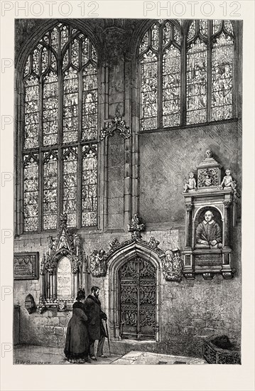 VIEW IN THE CHANCEL, HOLY TRINITY CHURCH, STRATFORD-ON-AVON, UK, britain, united kingdom, u.k., great britain, 1888 engraving