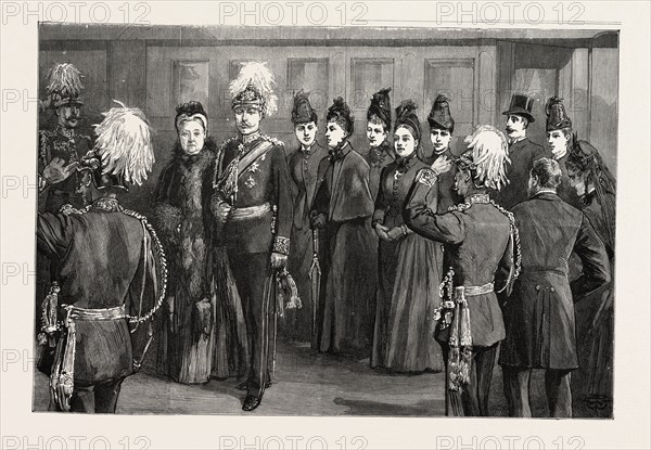 ARRIVAL OF HER MAJESTY AT THE RAILWAY STATION, CHARLOTTENBURG THE QUEEN ESCORTED TO HER CARRIAGE BY CROWN PRINCE WILLIAM GERMANY, 1888 engraving