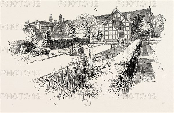 GARDEN FRONT OF THE HOUSE IN WHICH SHAKESPEARE WAS BORN, STRATFORD-ON-AVON, UK, britain, united kingdom, u.k., great britain, 1888 engraving