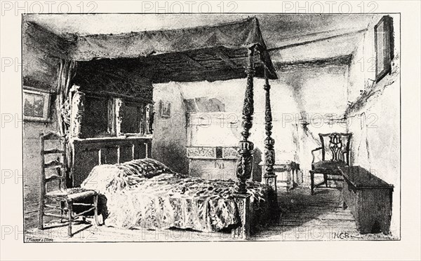 BEDROOM IN ANNE HATHAWAY'S COTTAGE AT SHOTTERY, NEAR STRATFORD-ON-AVON With Bedstead of the time of Shakespeare, 1888 engraving