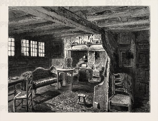 LIVING-ROOM IN ANNE HATHAWAY'S COTTAGE AT SHOTTERY, NEAR STRATFORD-ON-AVON, UK, britain, united kingdom, u.k., great britain, 1888 engraving