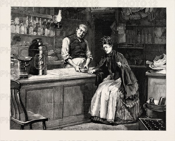 DRAWN BY PERCY MACQUOID, THE SHOPKEEPER, Percy Macquoid, 1852-1925, was an English artist and illustrator described as the non plus ultra of elegance and mild refined feeling, engraving 1890