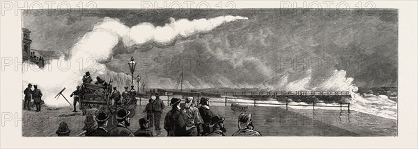 DOVER, THE BRIGADE AT PRACTICE FIRING A, ROCKET OVER THE END OF THE PIER, THE PIER REPRESENTING A WRECK, engraving 1890, UK, U.K., Britain, British, Europe, United Kingdom, Great Britain, European