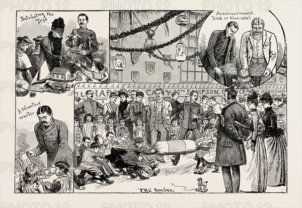 CHILDREN'S NEW YEAR'S PARTY GIVEN AT THE ROYAL MILITARY ACADEMY, WOOLWICH, engraving 1890, UK, U.K., Britain, British, Europe, United Kingdom, Great Britain, European