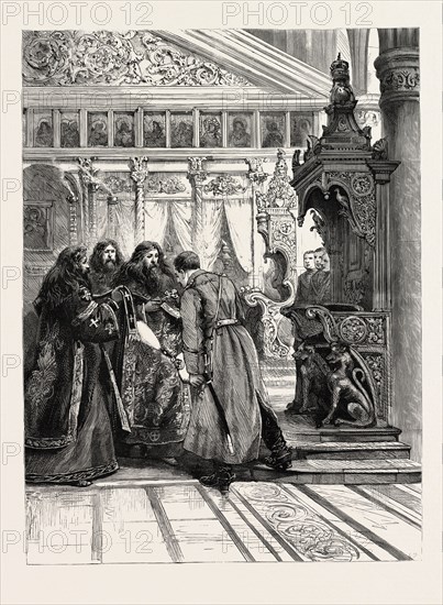 PRINCE FERDINAND OF BULGARIA ATTENDING SERVICE AT THE GREEK CHURCH, SOFIA, KISSING THE CRUCIFIX, engraving 1890