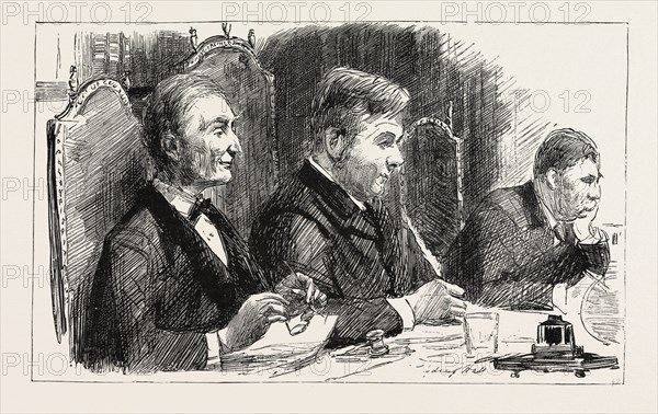 SKETCHES AT THE MEETINGS OF THE LONDON SCHOOL BOARD 1890, The Rev. DIGGLE, Chairman, in the middle, engraving 1890, UK, U.K., Britain, British, Europe, United Kingdom, Great Britain, European