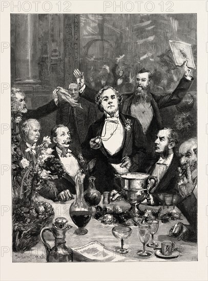 FAREWELL BANQUET TO MR . J. L . TOOLE, AT THE HOTEL METROPOLE, PREVIOUS TO HIS DEPARTURE FOR AUSTRALIA, My Lords and Gentlemen, pray silence for your guest, Mr. J. L. Toole, engraving 1890