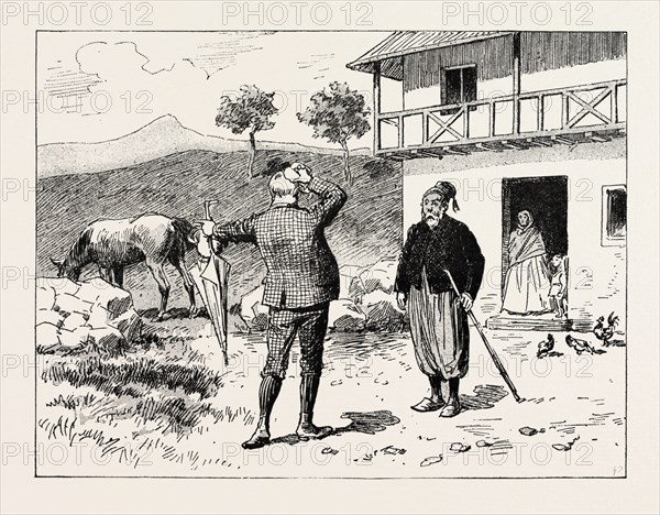 A MORNING RIDE IN ATHENS, GREECE, But after an hour's tramp I felt tired, and passing a farm, where I saw a.horse grazing, I entered into negotiations (by means of my school Greek and signs) for the hire of the animal for the remainder of the journey to the Mount, engraving 1890