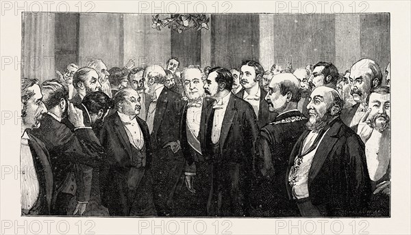 KENT COUNTY BANQUET TO LORD HARRIS, ASSEMBLING OF THE GUESTS BEFORE DINNER, engraving 1890, UK, U.K., Britain, British, Europe, United Kingdom, Great Britain, European