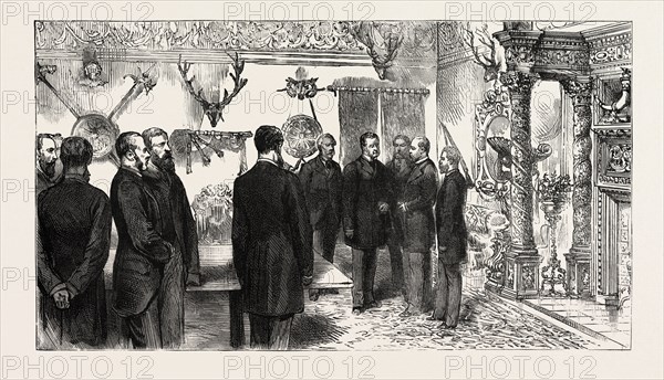OPENING OF THE FORTH BRIDGE, THE PRINCE AND THE DIRECTORS IN THE RECEPTION ROOM, engraving 1890, UK, U.K., Britain, British, Europe, United Kingdom, Great Britain, European