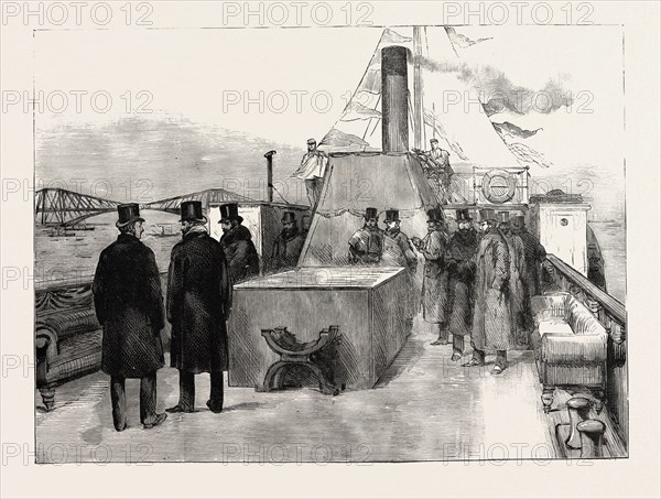 OPENING OF THE FORTH BRIDGE, THE PRINCE VIEWING THE BRIDGE FROM THE STEAM-LAUNCH DOLPHIN, engraving 1890, UK, U.K., Britain, British, Europe, United Kingdom, Great Britain, European