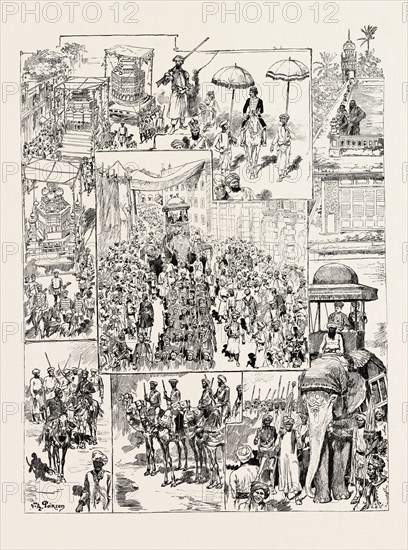 SCENES IN THE PROCESSION AT THE MOHURRUM FESTIVAL, HYDERABAD, INDIA, engraving 1890