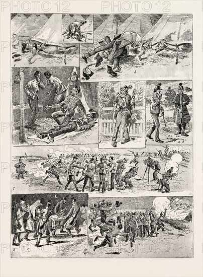 THE HUMOURS OF A VOLUNTEER CAMP, 4. The dummy is next provided with a tunic and helmet, and declared to be a man with sunstroke. The regimental doctor, who is somewhat short-sighted declares unhesitatingly that  the man is dead !, engraving 1890