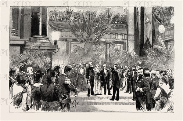 HOMAGE TO STANLEY, FETE GIVEN IN HONOUR OF THE EXPLORER  AT THE BOURSE, BRUSSELS, BELGIUM, engraving 1890