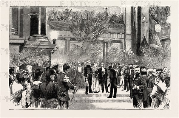 HOMAGE TO STANLEY, FETE GIVEN IN HONOUR OF THE EXPLORER AT THE BOURSE, BRUSSELS, BELGIUM, engraving 1890