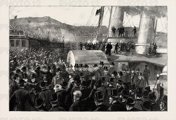 ONCE MORE ON ENGLISH SOIL, ARRIVAL OF STANLEY AT THE ADMIRALTY PIER, DOVER, engraving 1890, UK, U.K., Britain, British, Europe, United Kingdom, Great Britain, European