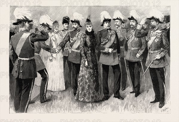 OPENING OF THE ROYAL MILITARY EXHIBITION IN THE CHELSEA HOSPITAL GROUNDS, LONDON, engraving 1890, UK, U.K., Britain, British, Europe, United Kingdom, Great Britain, European