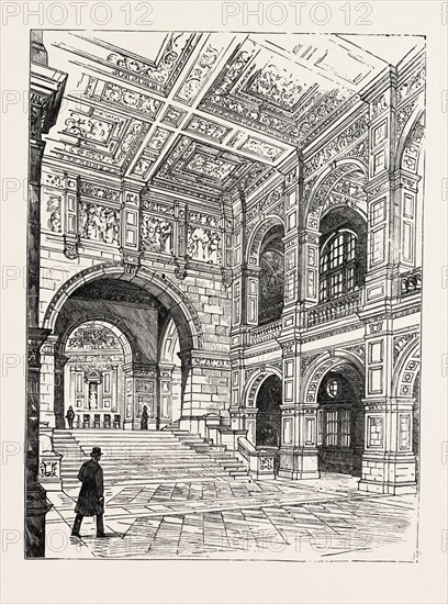 THE IMPERIAL INSTITUTE, LONDON, GRAND STAIRCASE TO RECEPTION HALL, engraving 1890, UK, U.K., Britain, British, Europe, United Kingdom, Great Britain, European