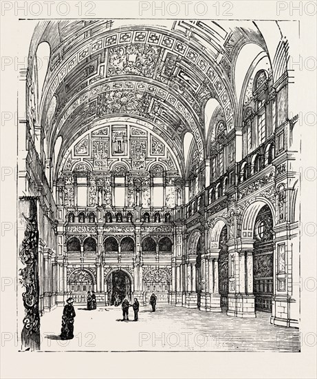 THE IMPERIAL INSTITUTE, LONDON, THE RECEPTION HALL, engraving 1890, UK, U.K., Britain, British, Europe, United Kingdom, Great Britain, European
