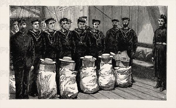 STOKERS FOR THE BRITISH NAVY, STOKERS WAITING TO BE DRAFTED TO A SEA GOING SHIP, engraving 1890, UK, U.K., Britain, British, Europe, United Kingdom, Great Britain, European