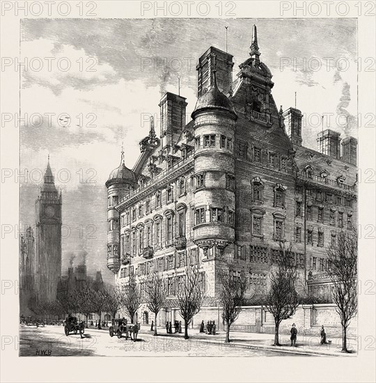 THE NEW POLICE OFFICES ON THE VICTORIA EMBANKMENT, LONDON, engraving 1890, UK, U.K., Britain, British, Europe, United Kingdom, Great Britain, European