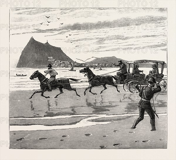 THE NAVY CUP AT GIBRALTAR, RETURNING HOME ACROSS THE SANDS IN THE ORTHODOX MANNER, engraving 1890, engraved image, history, arkheia, illustrative technique, engravement, engraving, victorian, Arts, Culture, 19th Century Style, Retro Styled, Vintage, retro, nineteenth century engraving, historic art