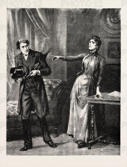 DRAWN BY PERCY MACOUOID, Leave my house, Percy Macquoid, 1852-1925, was an English artist and illustrator described as the non plus ultra of elegance and mild refined feeling, engraving 1890, UK, U.K., Britain, British, Europe, United Kingdom, Great Britain, European, engraved image, history, arkheia, illustrative technique, engravement, engraving, victorian, Arts, Culture, 19th Century Style, Retro Styled, Vintage, retro, nineteenth century engraving, historic art