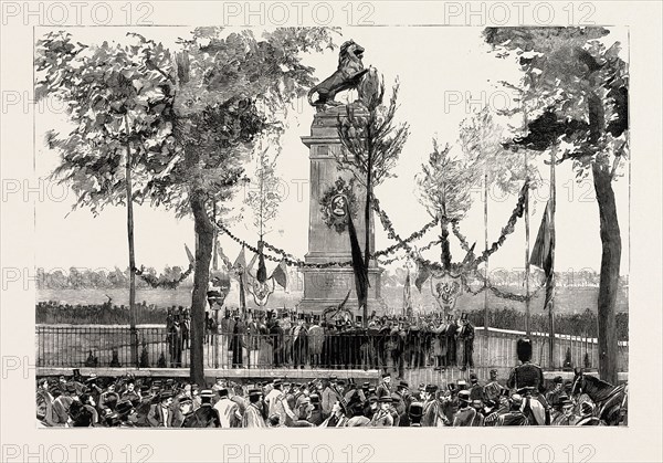 THE ANNIVERSARY OF THE BATTLE OF WATERLOO, THE STATUE AT QUATRE BRAS, BELGIUM, engraving 1890, engraved image, history, arkheia, illustrative technique, engravement, engraving, victorian, Arts, Culture, 19th Century Style, Retro Styled, Vintage, retro, nineteenth century engraving, historic art