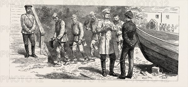 IMAGE AT KHARSAKOV, SAGHALIEN, EASTERN SIBERIA, KORSAKOV, KORSAKOVSKY DISTRICT OF SAKHALIN OBLAST, RUSSIA,  LABOUR WITHOUT HONOUR , CONVICTS RETURNING FROM WORK, engraving 1890, engraved image, history, arkheia, illustrative technique, engravement, engraving, victorian, Arts, Culture, 19th Century Style, Retro Styled, Vintage, retro, nineteenth century engraving, historic art