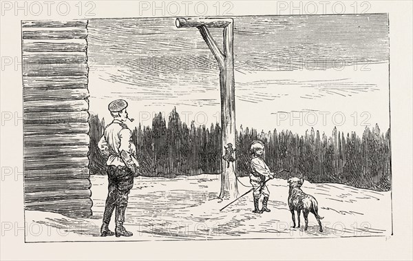 IMAGE AT KHARSAKOV, SAGHALIEN, EASTERN SIBERIA, KORSAKOV, KORSAKOVSKY DISTRICT OF SAKHALIN OBLAST, RUSSIA,  POUR ENCOURAGER LES AUTRES, THE GALLOWS, KHARSAKOV, engraving 1890, engraved image, history, arkheia, illustrative technique, engravement, engraving, victorian, Arts, Culture, 19th Century Style, Retro Styled, Vintage, retro, nineteenth century engraving, historic art