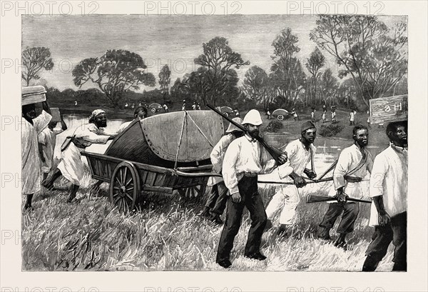 CENTRAL AFRICA,  THE LIFEBOAT ON ITS WAY FROM ZANZIBAR TO UJIJI, engraving 1890, engraved image, history, arkheia, illustrative technique, engravement, engraving, victorian, Arts, Culture, 19th Century Style, Retro Styled, Vintage, retro, nineteenth century engraving, historic art