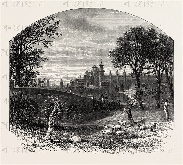 Eton, from the Slough Road, UK, U.K., Britain, British, Europe, United Kingdom, Great Britain, European, 19th century engraving