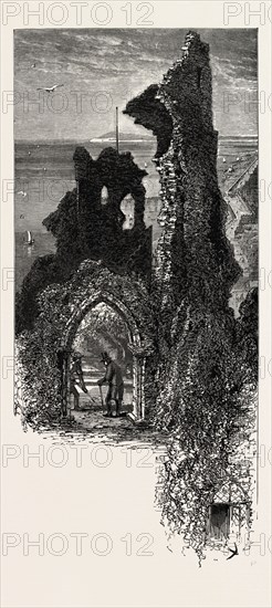 Hastings castle, the south coast, UK, U.K., Britain, British, Europe, United Kingdom, Great Britain, European, 19th century engraving